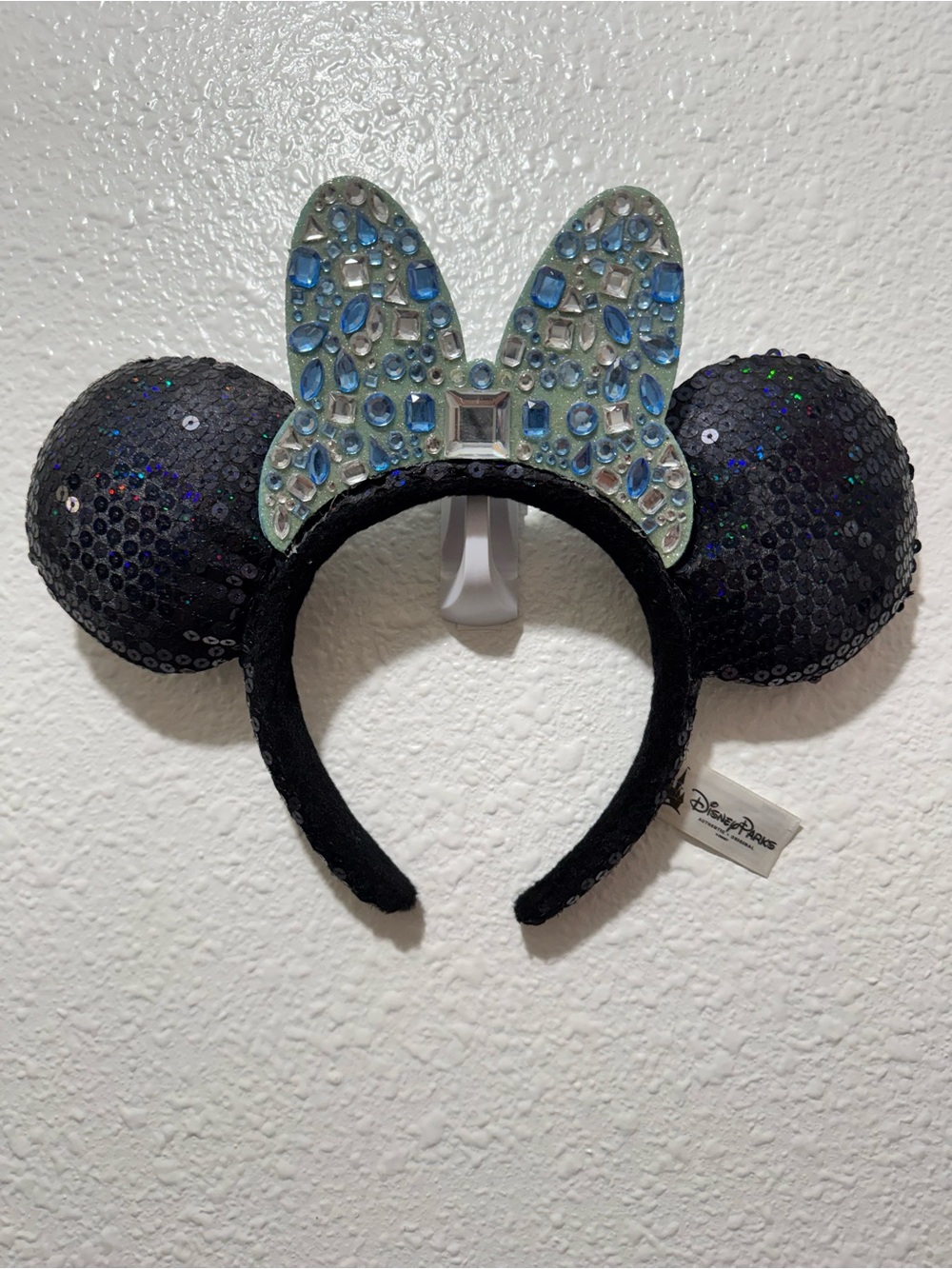Disney 60th Anniversary Black Sequin Minnie Ears Headband with Blue Jeweled Bow